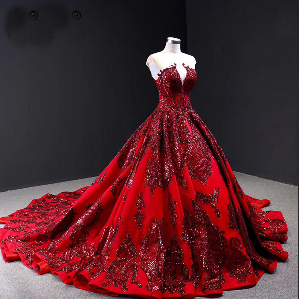 Wine Red Sequin Lace Wedding Dresses Satin A-line Bridal Gown Long Dress